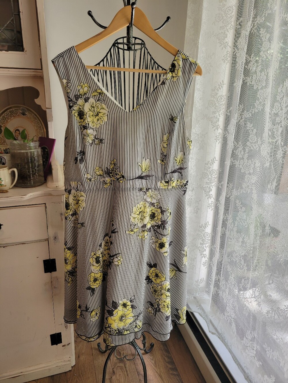 Summer Twee A-line Flowy Sundress Black And White With Yellow Floral Print